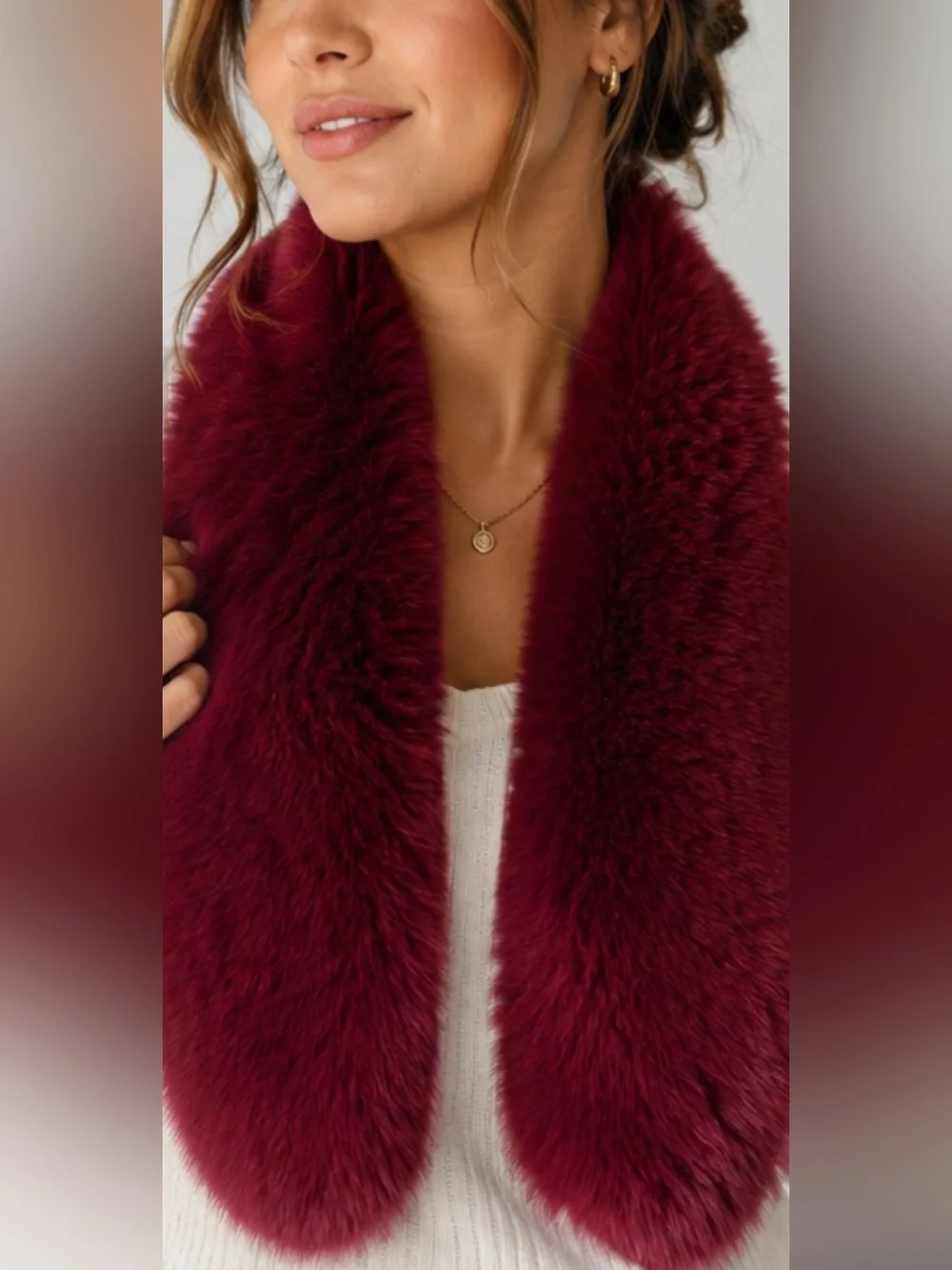 Burgundy Faux Fur Collar Scarf Wrap 28in Soft Plush Winter Neck Warmer